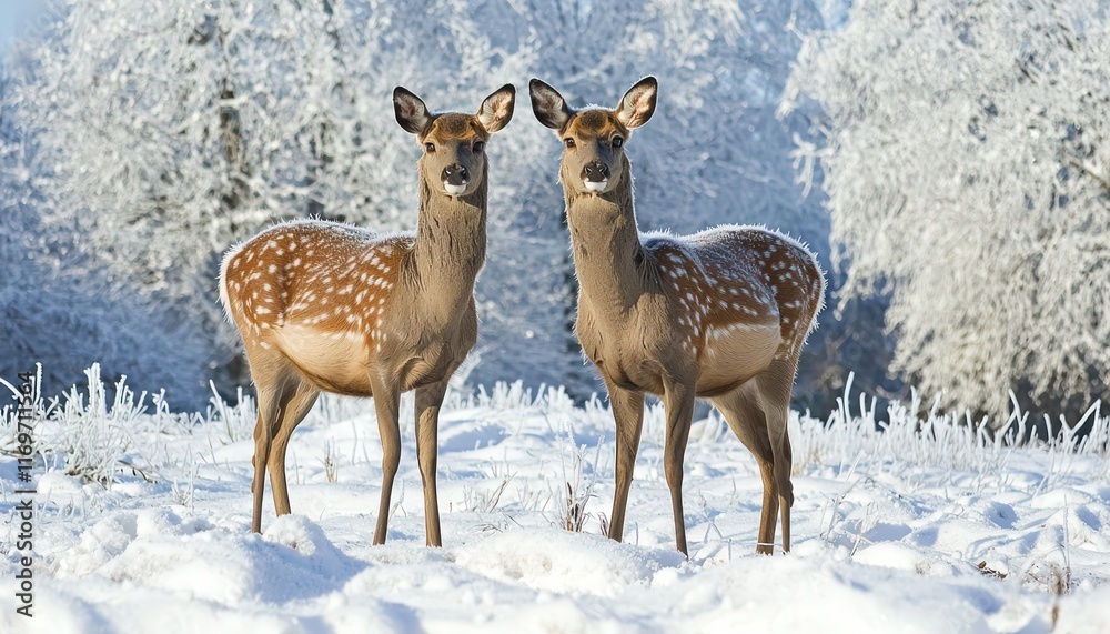 Fototapeta premium Two deer standing in a snowy meadow, with frost-covered trees in the background