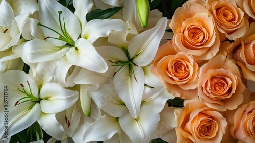 White lilies and peach colored roses closely packed to form a  floral wall, detailed petals showcasing vivid textures, warm tones enhanced by soft natural lighting, minimalist composition photo