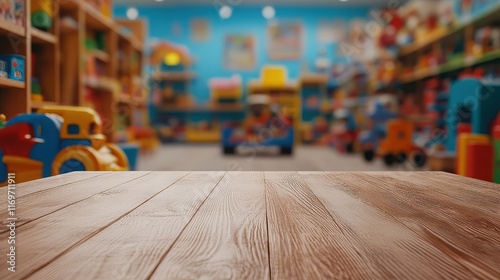 Empty wooden table top with blur background of toy store. Generated with AI