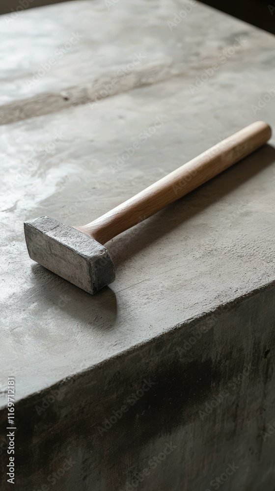 Hammer with a wooden handle lying on a concrete workbench, soft industrial lighting, minimalistic workspace, Hammer with a wooden handle lying on a concrete workbench, soft industrial lighting, minimalistic workspace,