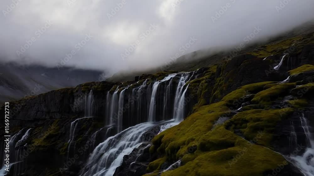 Breathtaking Cascading Waterfalls Amidst Lush Greenery in a Misty Mountainous Landscape Breathtaking Cascading Waterfalls Amidst Lush Greenery in a Misty Mountainous Landscape