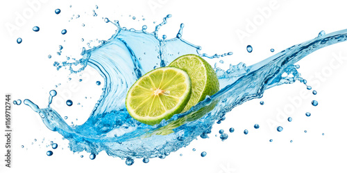 Creative blue water splash lemon on a transparent background showcasing the fluid and dynamic nature of liquid typography