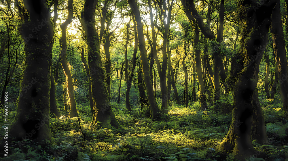 Fototapeta premium a dense forest with tall, ancient trees covered in thick moss, the sunlight filtering through the canopy and casting dappled shadows on the forest floor. Dapplewood. Illustration
