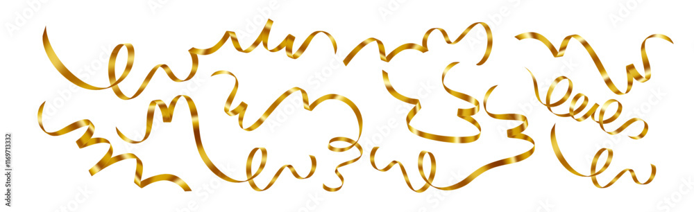 Golden Curly Ribbon Streamers for Celebrations and Festive Decor. Golden curly ribbons celebrations with bright, shimmering designs perfect for parties and cheerful events. Vector illustration Golden Curly Ribbon Streamers for Celebrations and Festive Decor. Golden curly ribbons celebrations with bright, shimmering designs perfect for parties and cheerful events. Vector illustration
