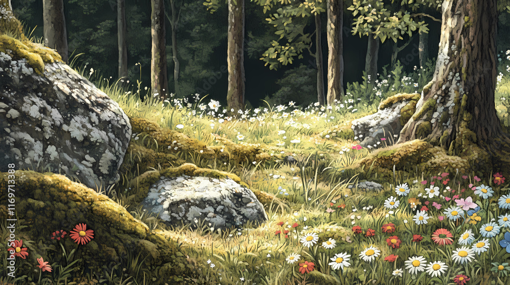 A detailed, close shot of a forest clearing with wildflowers, moss-covered rocks, and dappled sunlight. Dapplewood. Illustration A detailed, close shot of a forest clearing with wildflowers, moss-covered rocks, and dappled sunlight. Dapplewood. Illustration
