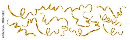 Golden Curly Ribbon Streamers for Celebrations and Festive Decor. Golden curly ribbons  celebrations with bright, shimmering designs perfect for parties and cheerful events. Vector illustration
