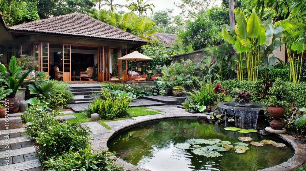 Serene garden with pond and tropical plants in a tranquil setting. Serene garden with pond and tropical plants in a tranquil setting.