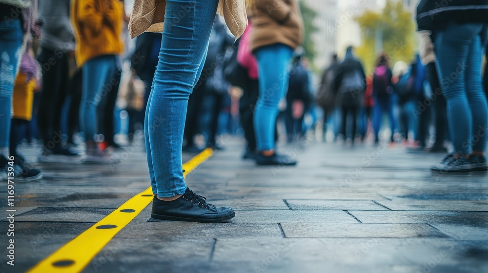 People standing apart in a queue with markers on the ground, bright natural lighting, symbol of social distancing People standing apart in a queue with markers on the ground, bright natural lighting, symbol of social distancing