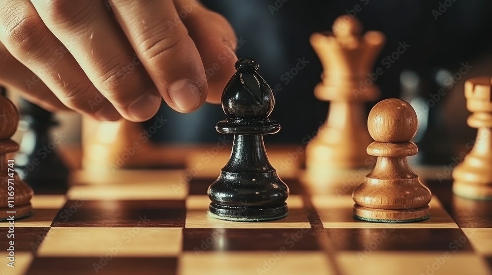 Businessman playing chess, making a strategic move with a black bishop Businessman playing chess, making a strategic move with a black bishop
