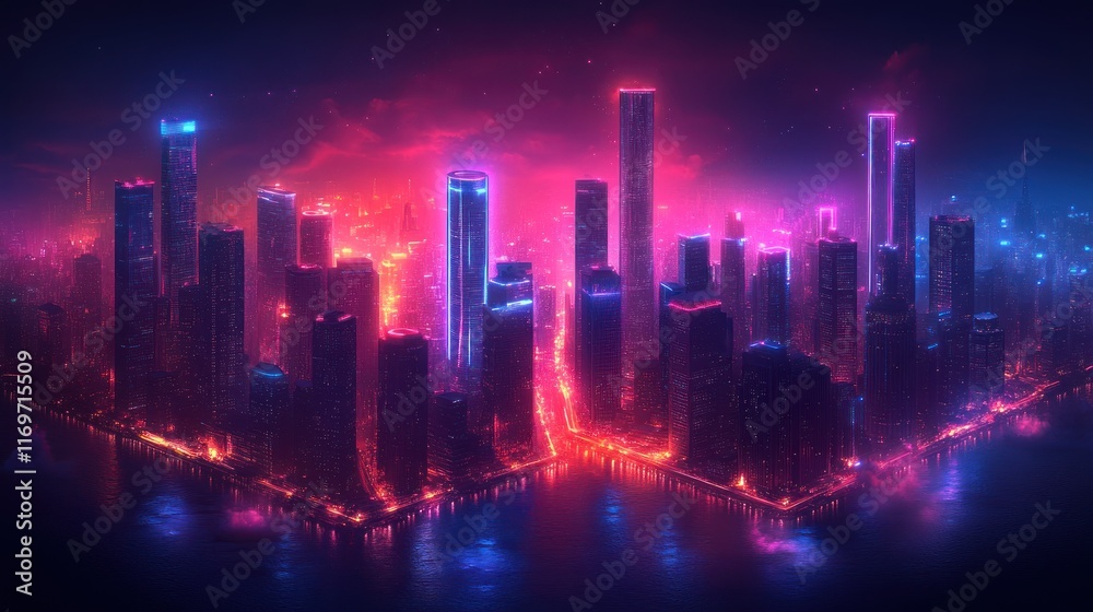 Obraz premium Futuristic cityscape with neon lights at night.