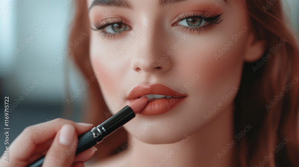 Makeup artist applying lipstick on model's lips in beauty salon Makeup artist applying lipstick on model's lips in beauty salon