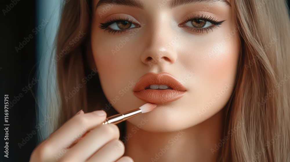 Makeup artist applying lipstick on model's lips with brush Makeup artist applying lipstick on model's lips with brush