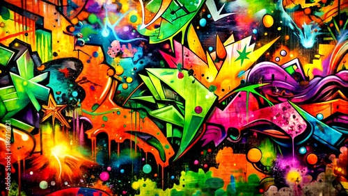 A dynamic graffiti artwork bursting with bold colors like orange, green, and pink, featuring abstract shapes and urban-inspired designs on a vibrant background.