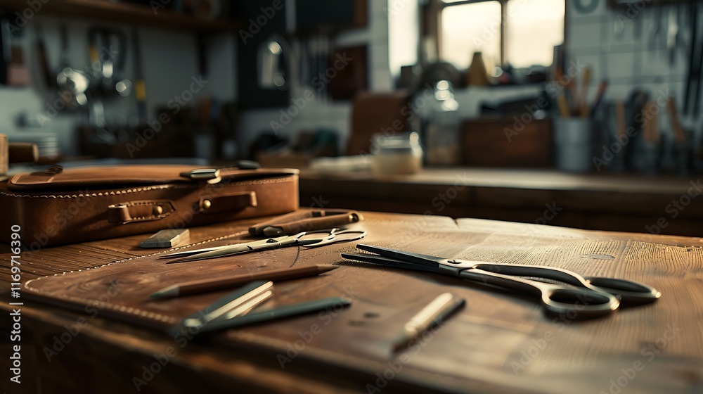 A sharp shot of a clean wooden desktop with scissors and a pencil case. A sharp shot of a clean wooden desktop with scissors and a pencil case.