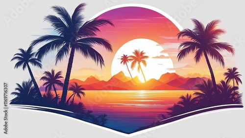Captivating view of sunset over tropical oasis, palm trees swaying gently, vivid colors illuminating mountains and waters, ideal for lifestyle and adventure-themed imagery.
