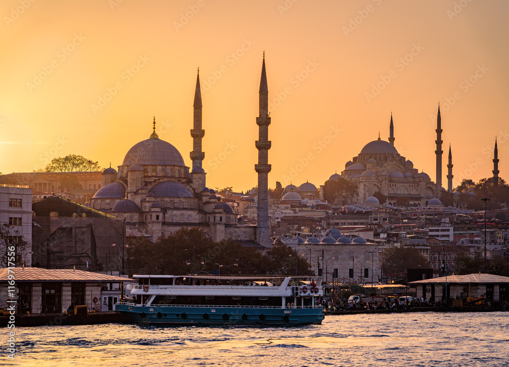 Sunset over Bosphorus with Yeni Cami and Suleymaniye Mosques, Istanbul, Turkey