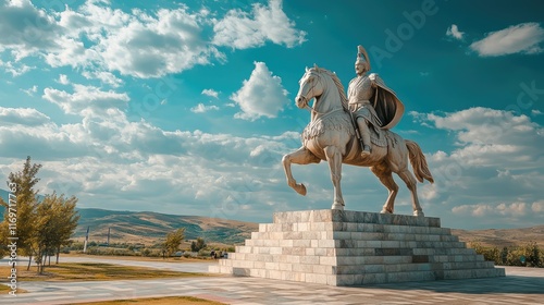 Majestic Equestrian Statue of Historical Warrior Against Cloudy Sky photo