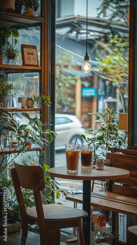 Fototapeta premium Cozy Cafe Interior with Drinks and Natural Light Through Window