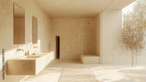 A beige hotel bathroom interior featuring a double sink, shower, and a panoramic window. photo