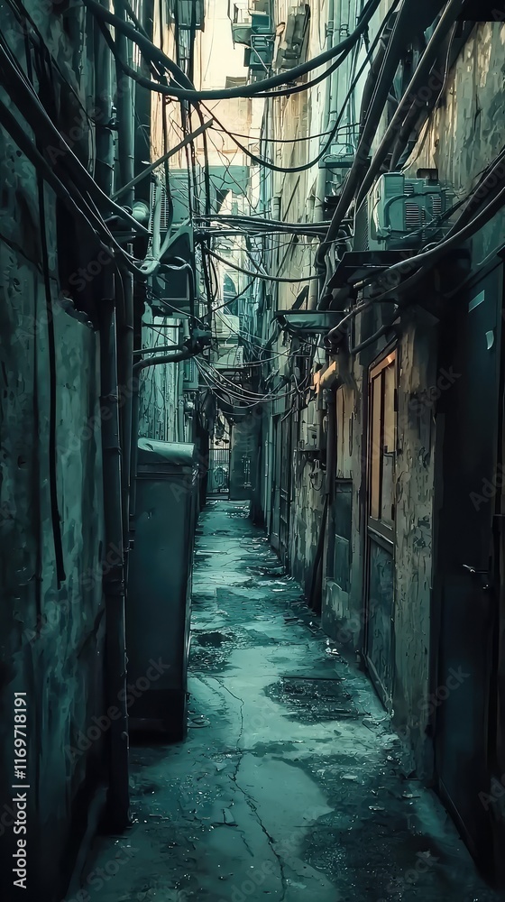 Narrow Urban Alleyway with Old Buildings and Exposed Wires Narrow Urban Alleyway with Old Buildings and Exposed Wires