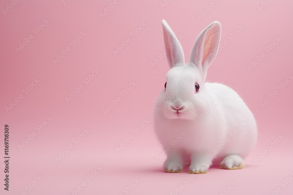 Obraz premium White rabbit on a soft pink background. animal-themed promotions and holidays