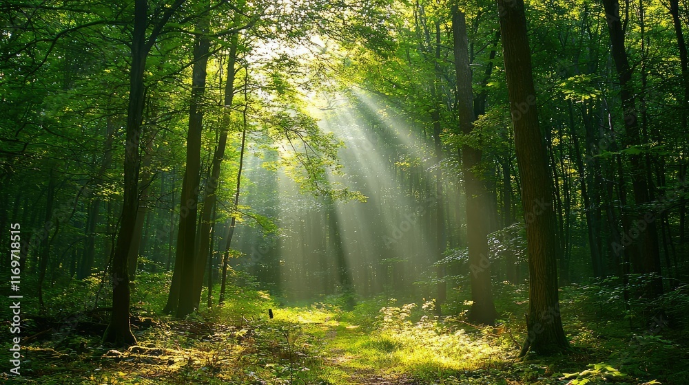 Fototapeta premium Sunlight Filtered Through Lush Green Forest in Tranquil Setting