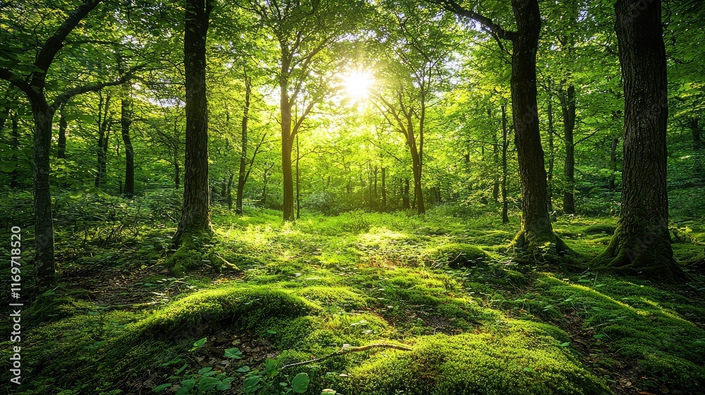 Obraz premium Lush Green Forest with Sunlight Filtering Through Tree Canopy