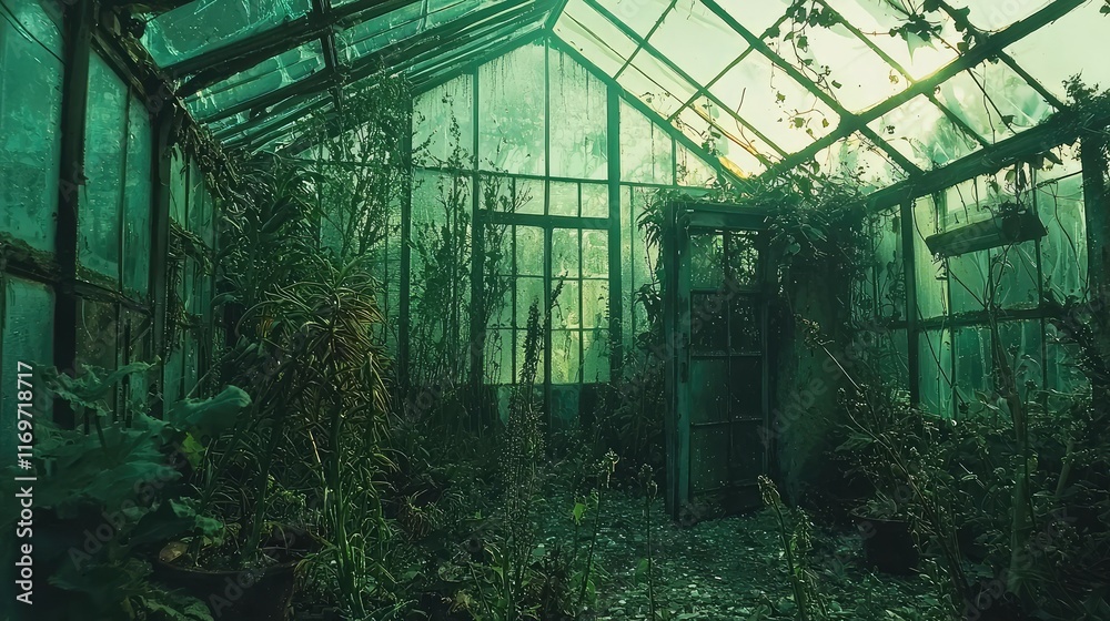 Fototapeta premium Abandoned Glasshouse Filled with Overgrown Plants and Nature