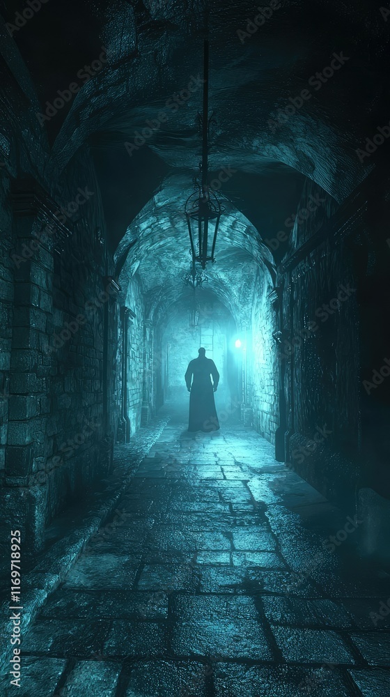 Obraz premium Mysterious Figure in Dimly Lit Gothic Alleyway at Night