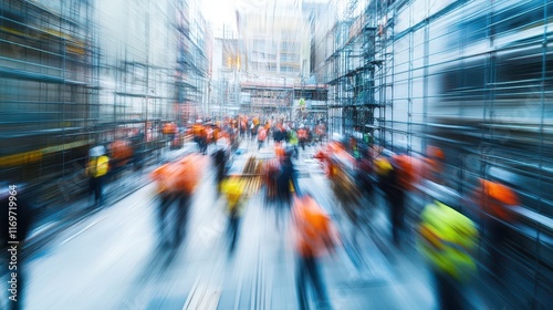 A busy construction site filled with numerous builders working diligently, captured with long exposure. photo