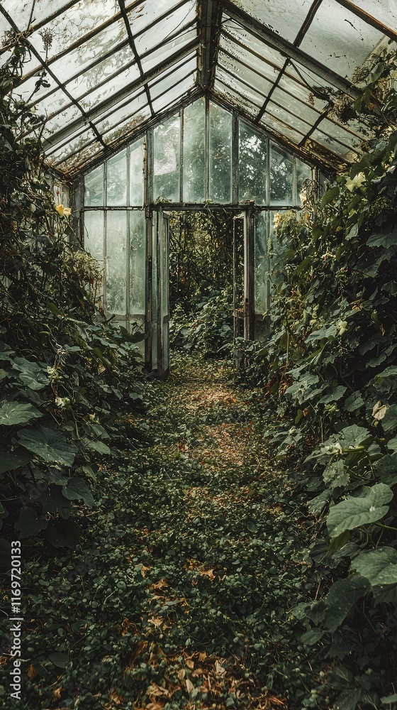 Abandoned Greenhouse with Overgrown Plants and Pathway of Leaves Abandoned Greenhouse with Overgrown Plants and Pathway of Leaves