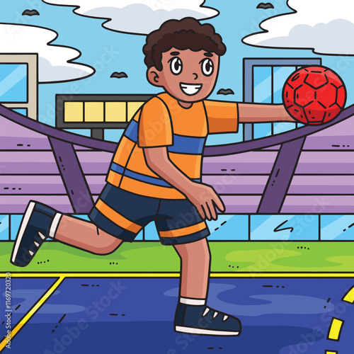 Handball Player Running with Ball Colored Cartoon