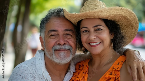 A captivating portrait of a mature Latin couple, exuding both handsomeness and beauty, enjoying their outdoor travel experience. photo