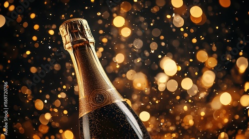 A celebratory bottle of champagne, adorned with shimmering gold sparkling glitter confetti, capturing the essence of festivity and luxury in a dynamic, joyful scene. photo