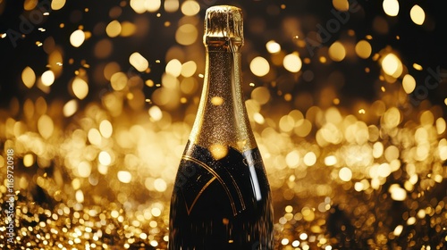 A celebratory bottle of champagne, adorned with shimmering gold sparkling glitter confetti, capturing the essence of festivity and luxury in a dynamic, joyful scene. photo