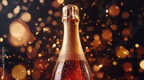 A celebratory bottle of champagne, adorned with shimmering gold sparkling glitter confetti, capturing the essence of festivity and luxury in a dynamic, joyful scene. photo