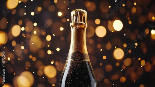 A celebratory bottle of champagne, adorned with shimmering gold sparkling glitter confetti, capturing the essence of festivity and luxury in a dynamic, joyful scene. photo