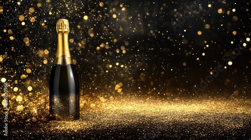 A celebratory bottle of champagne, adorned with shimmering gold sparkling glitter confetti, capturing the essence of festivity and luxury in a dynamic, joyful scene. photo