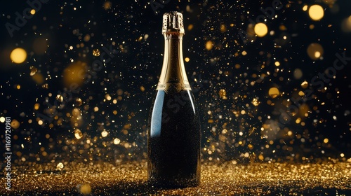 A celebratory bottle of champagne, adorned with shimmering gold sparkling glitter confetti, capturing the essence of festivity and luxury in a dynamic, joyful scene. photo