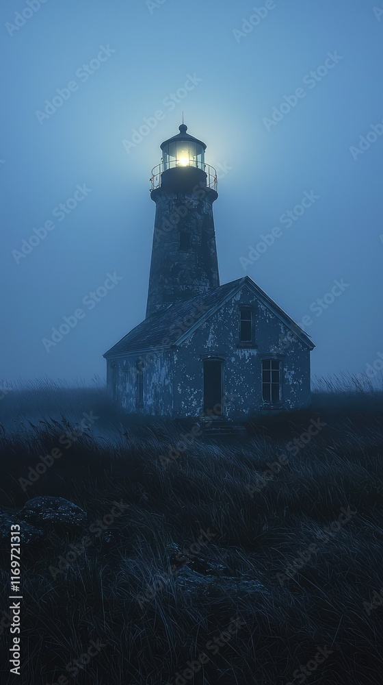 Serene Lighthouse in Foggy Landscape at Dusk with Glowing Light Serene Lighthouse in Foggy Landscape at Dusk with Glowing Light