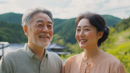 A charming portrait of a mature Korean couple, showcasing their handsomeness and beauty during an outdoor travel adventure. photo