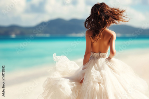 Femme en robe de mariage de dos sur une plage paradisiaque photo