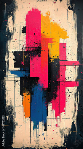  Abstract angular grid structure with bold black, white, neon pink, and cyan colors, creating an energetic, futuristic design symbolizing technology, innovation, and modern digital transformation
