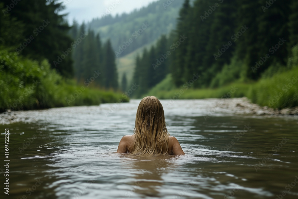 Fototapeta premium Femme de dos se baignant dans une rivière