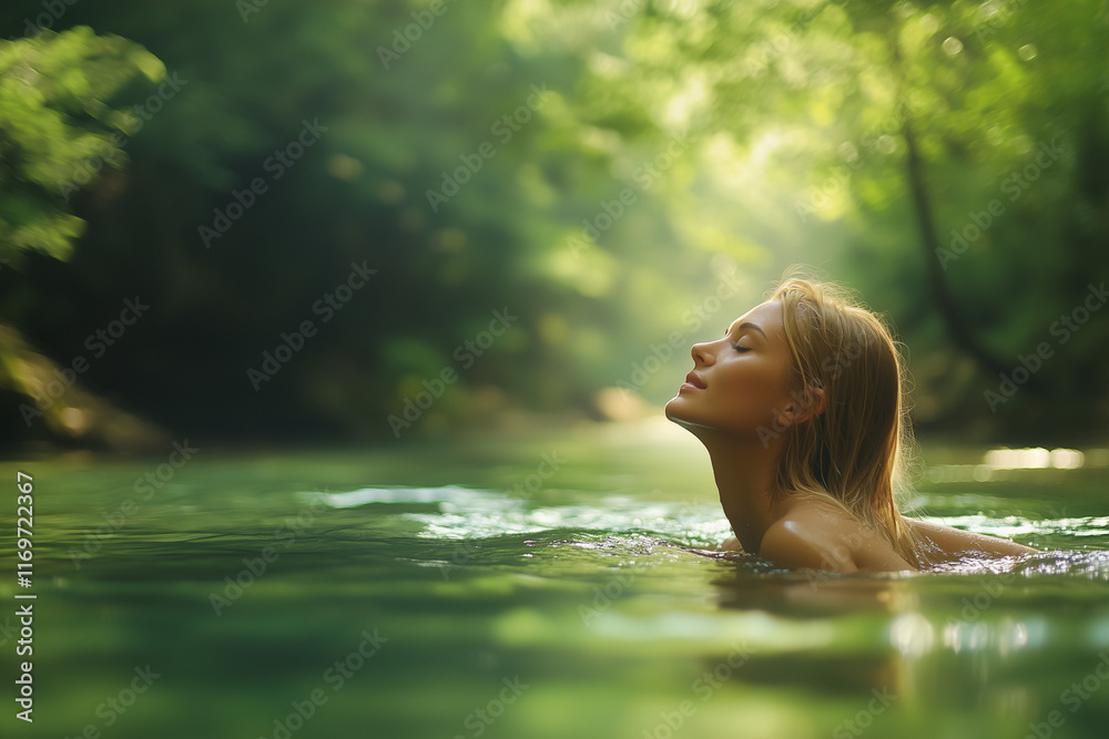Fototapeta premium Femme blonde se baignant dans une rivière
