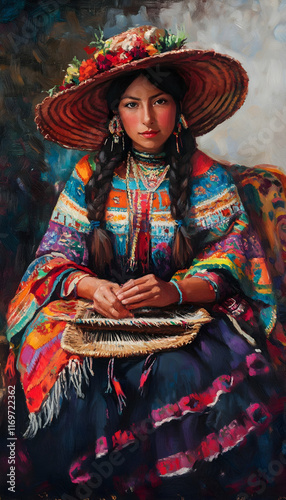 Traditional Peruvian woman weaving in colorful attire, showcasing cultural heritage