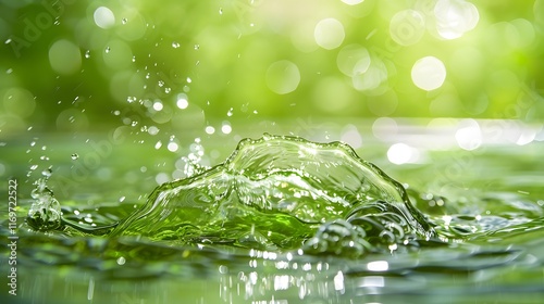Closeup of crystal-clear green water surface with subtle splashes and bright sunlight reflections, creating a serene and refreshing summer scene.