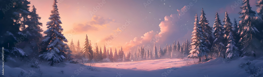 Fototapeta premium Tranquil winter forest landscape at sunset, snow-covered pines under a soft sky