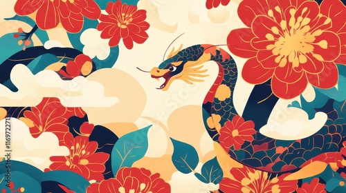 A Chinese New Year 2025 poster design template featuring the Year of the Snake, showcasing traditional motifs and vibrant colors to celebrate the upcoming lunar year. photo