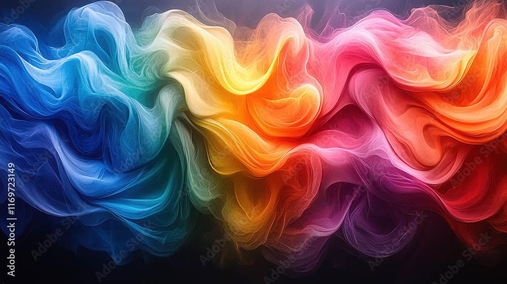 Obraz premium Abstract swirling motion of rainbow spectrum colors blending together, creating a dynamic, energetic design with vibrant hues of red, orange, yellow, green, blue, and purple on a dark background 